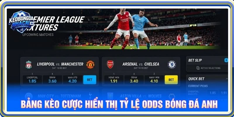 Bảng kèo cược hiển thị tỷ lệ odds bóng đá Anh